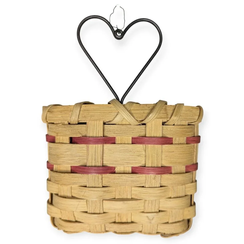 Vintage Hand Crafted & Signed 1993 Woven Hanging Basket with Metal Heart Accent